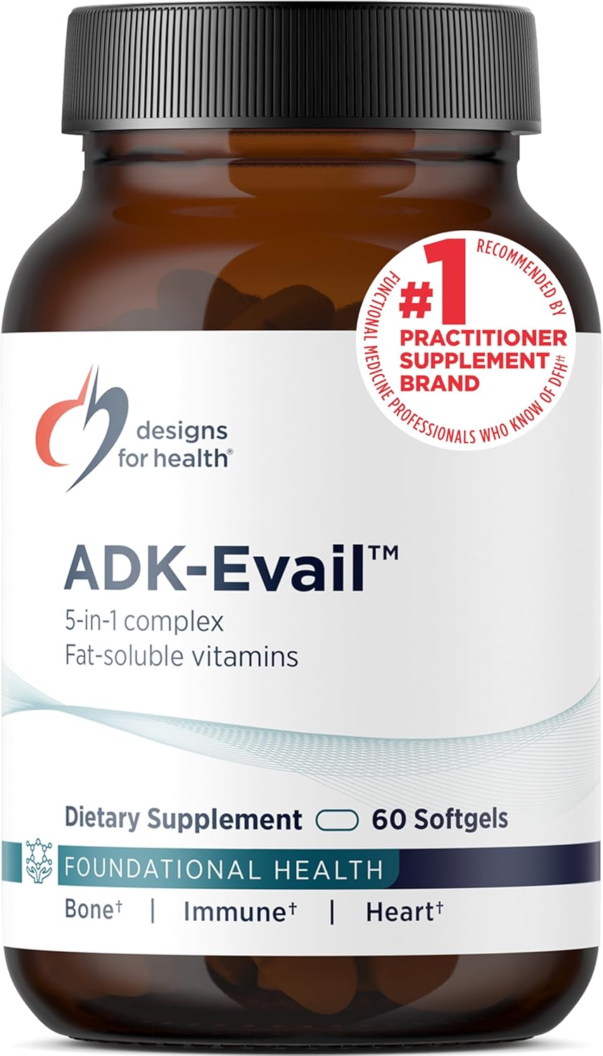 Designs for Health ADK Evail - 5000 UI Vitamina D3 con Vitaminas A, E y K (K1+K2) - Complejo Liposoluble - 60 Cápsulas blandas