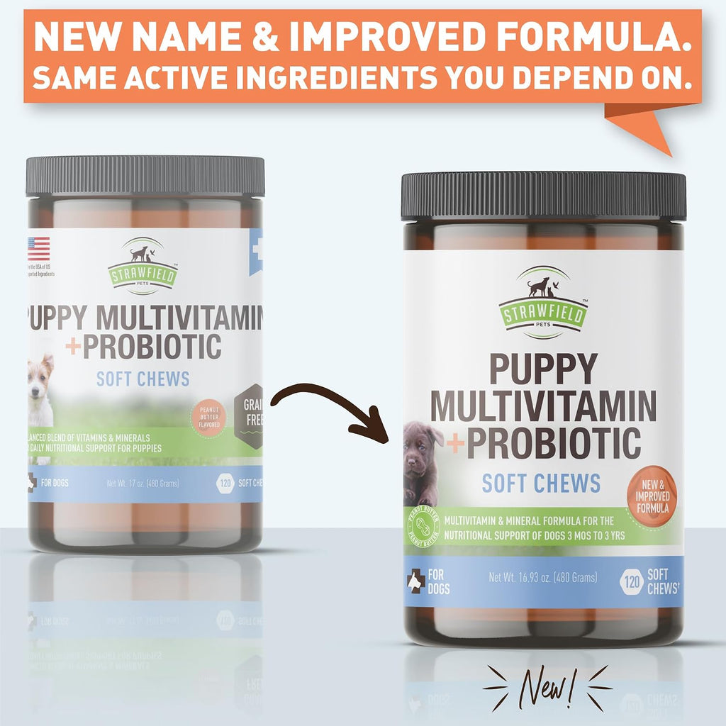 Strawfield Pets Multivitamínico + Probióticos para Cachorros - 120 Comprimidos Blandos Sabor Mantequilla de Cacahuete