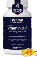 WOW Supplements Vitamina D3 5000 UI (125 mcg) 120 Cápsulas Blandas
