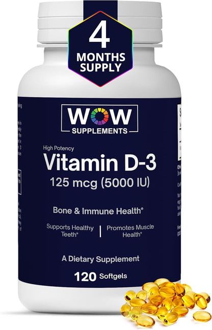 WOW Supplements Vitamina D3 5000 UI (125 – La absorción y utilización normal del calcio y del fósforo. – Image 1