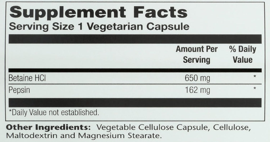 Solaray HCl Pepsin Alta Potencia 650 mg, 100 Cápsulas Vegetales