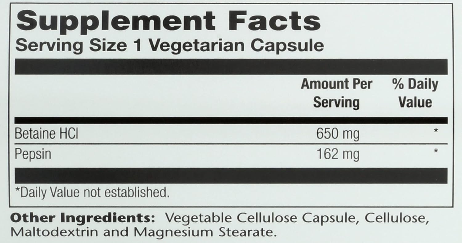 Solaray HCl Pepsin Alta Potencia 650 mg, 100 Cápsulas Vegetales