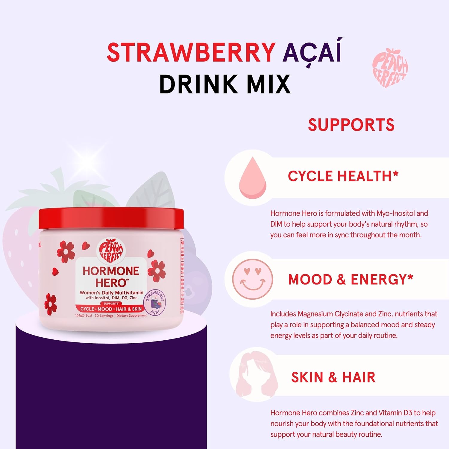 Peach Perfect Inositol Powder Multivitamin, Strawberry Acai Flavor – 4g Myo & D-Chiro Inositol, DIM, Zinc, Magnesium Glycinate, Vitamin D3 – Apoyo al Bienestar Femenino, 30 Servings