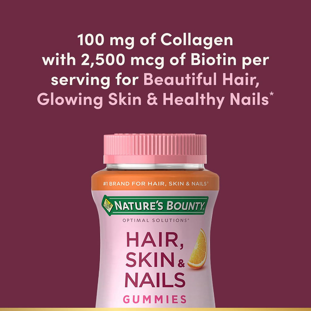 Nature's Bounty Optimal Solutions Cabello, Piel y Uñas con Biotina y Colágeno, Gominolas sabor cítrico, 2500 mcg, 80 unidades (40 porciones)