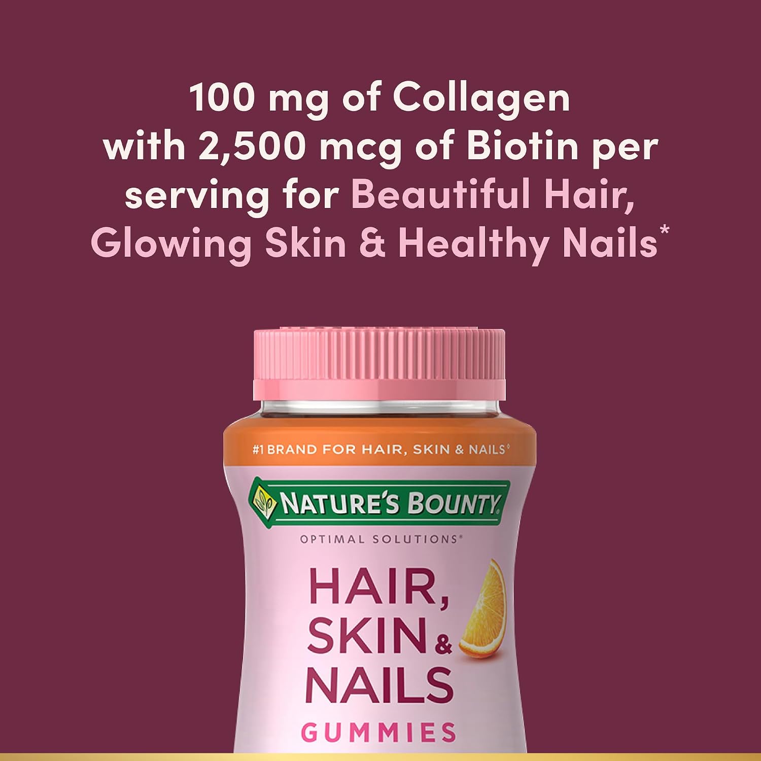 Nature's Bounty Optimal Solutions Cabello, Piel y Uñas con Biotina y Colágeno, Gominolas sabor cítrico, 2500 mcg, 80 unidades (40 porciones)