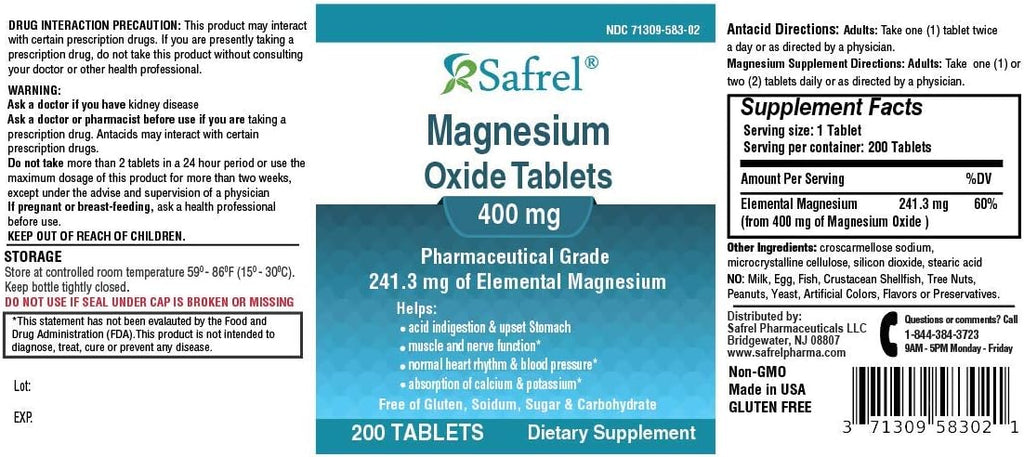 Safrel Magnesio 400mg Comprimidos - Alta Potencia para Músculos y Nervios (200 Comprimidos)