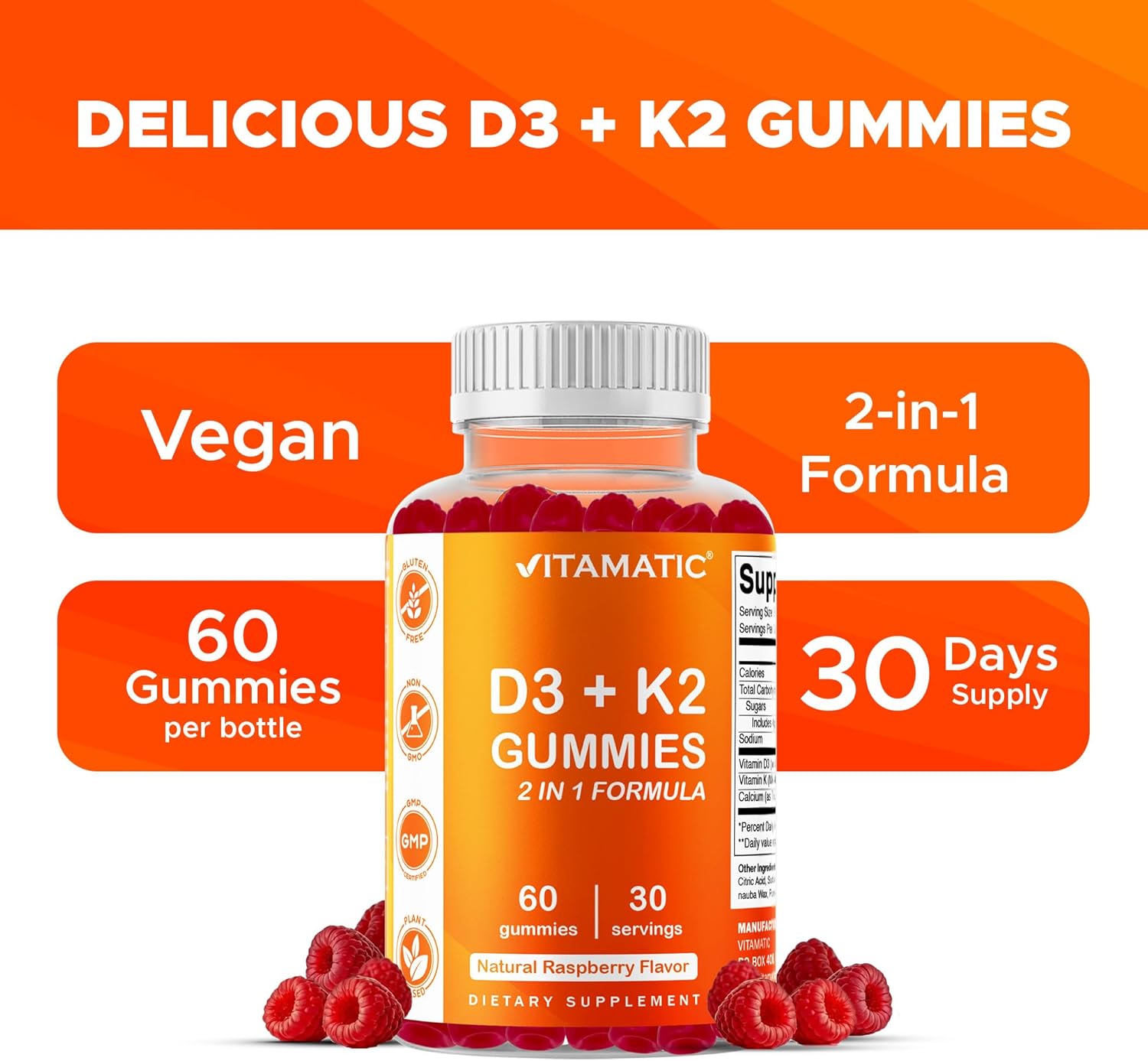Vitamatic Vitamina D3 & K2 Gominolas (2 Pack, 60 unidades)