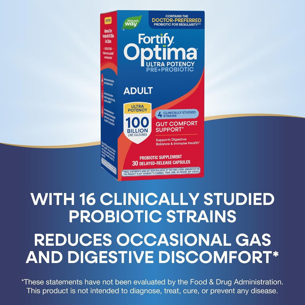 Nature's Way Fortify Optima Probiótico para Adultos, 100 Mil Millones de Cultivos Vivos, 16 Cepas, Prebiótico Vegetal, 30 Cápsulas