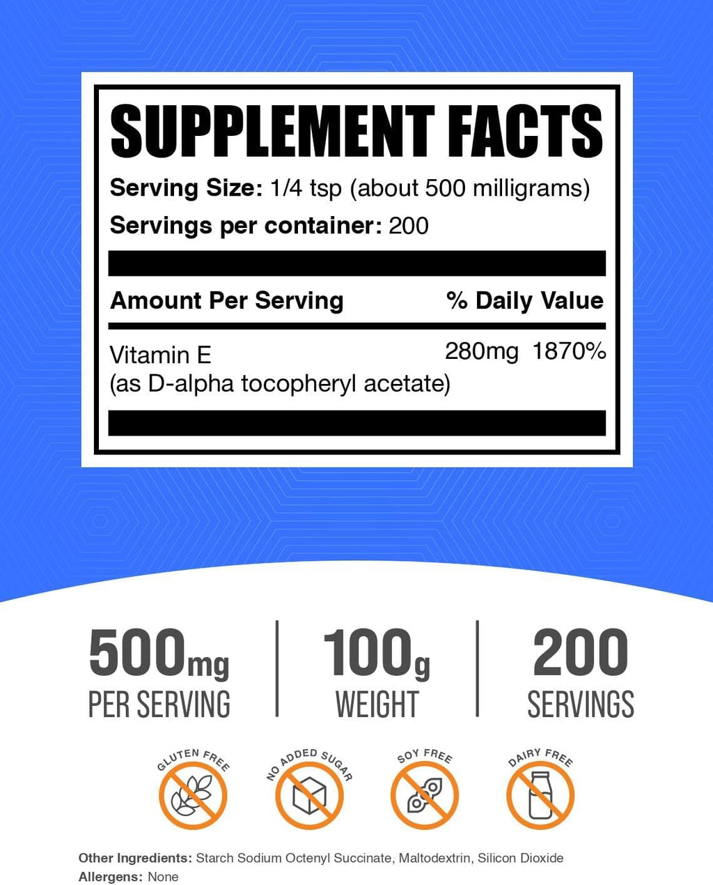 Vitamin E 400 IU Powder - D-Alpha Tocopherol, 500 mg per Serving, 100 g