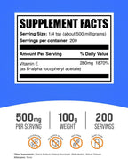Vitamin E 400 IU Powder - D-Alpha Tocopherol, 500 mg per Serving, 100 g
