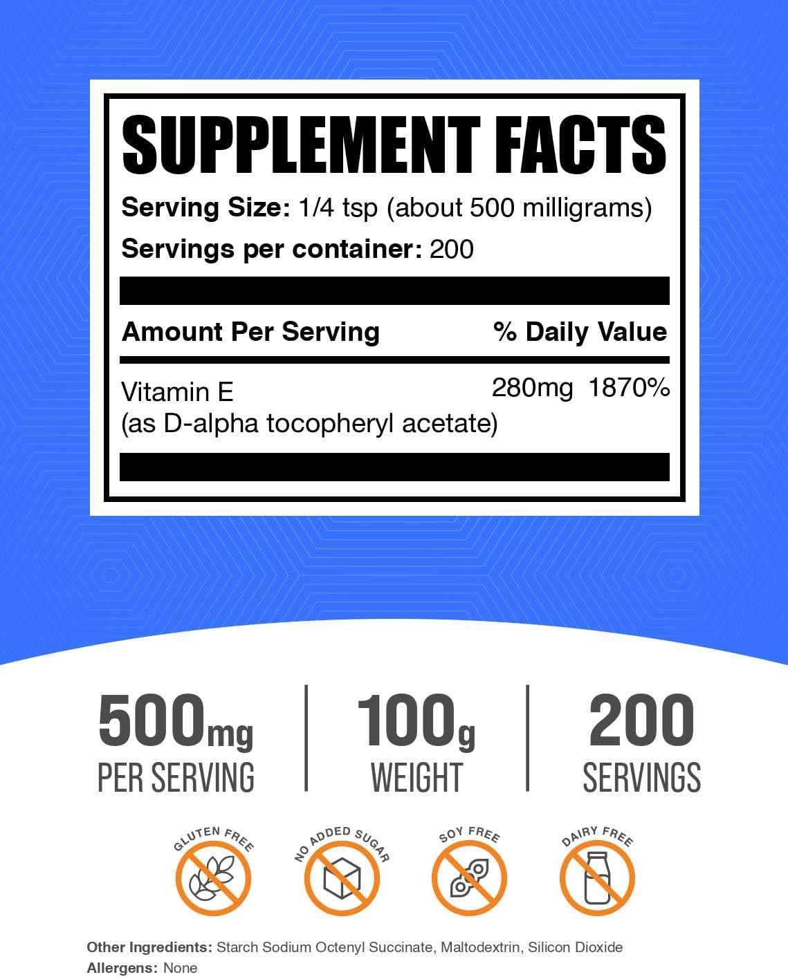 Vitamin E 400 IU Powder - D-Alpha Tocopherol, 500 mg per Serving, 100 g