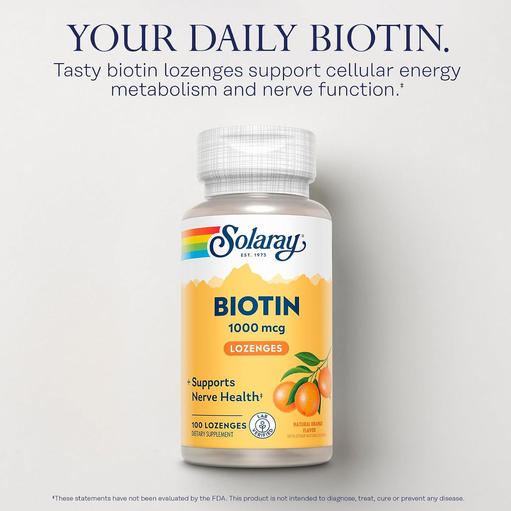 Solaray Biotina 1000mcg Pastillas Masticables - Complemento con Vitamina A - Sabor Naranja Natural