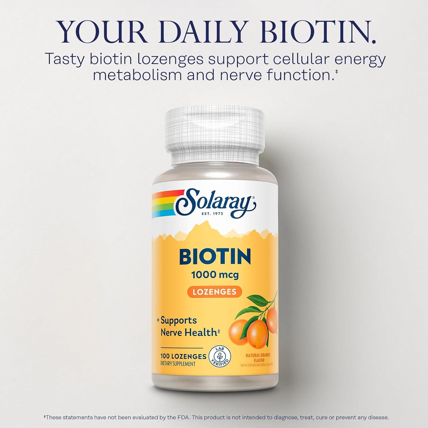 Solaray Biotina 1000mcg Pastillas Masticables - Complemento con Vitamina A - Sabor Naranja Natural