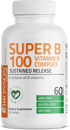 Bronson Super B100 Complejo de Vitamina B Liberación Sostenida con Todas las Vitaminas B (Vitamina B1, B2, B3, B6, B9 - Ácido Fólico, B12), 60 Comprimidos