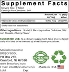 Brieofood Vitamina B-12 (Metilcobalamina) 6000 mcg - 240 Comprimidos, No OGM, Sin Gluten
