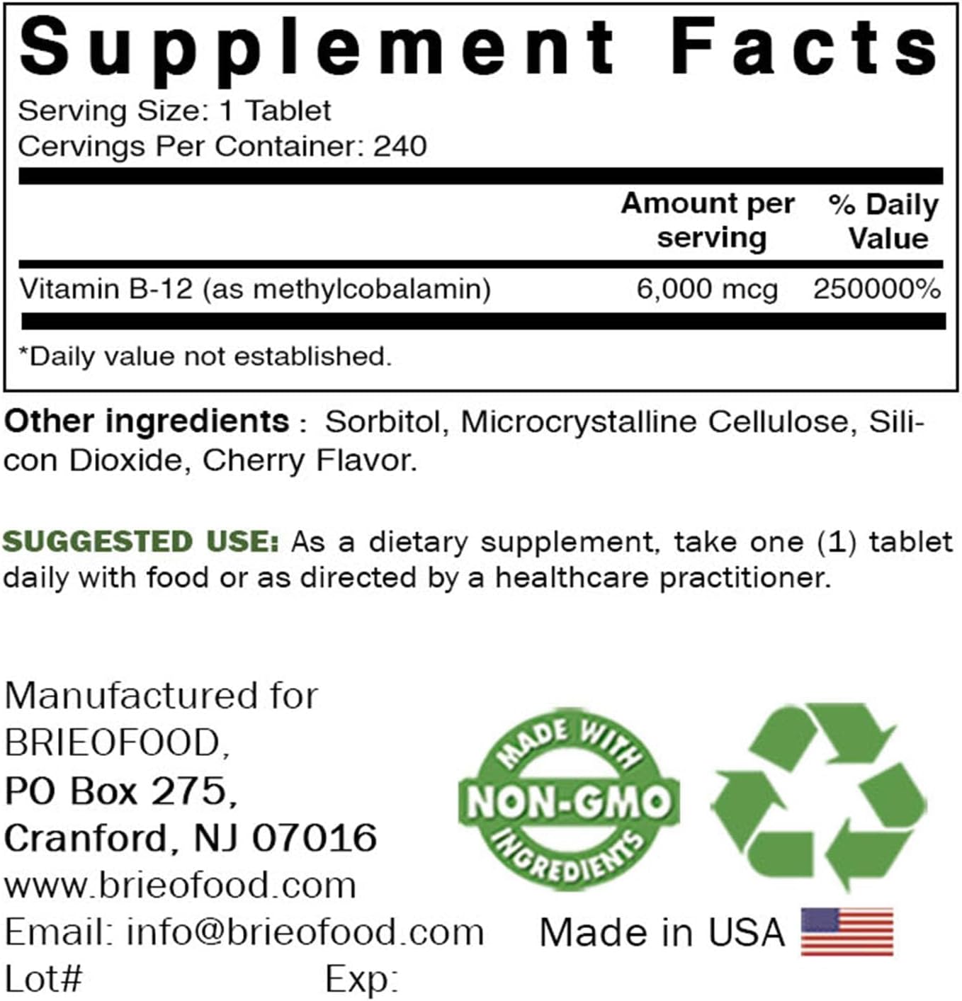 Brieofood Vitamina B-12 (Metilcobalamina) 6000 mcg - 240 Comprimidos, No OGM, Sin Gluten