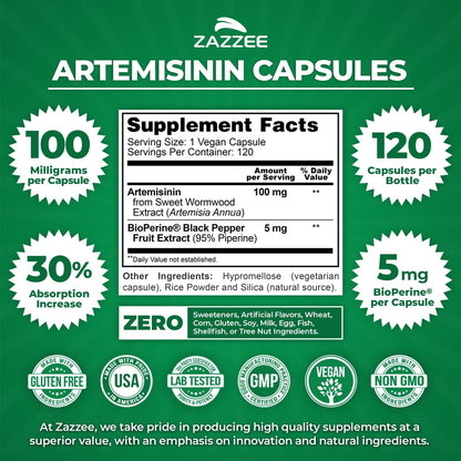 Zazzee Artemisinina de Alta Absorción, 100 – Fórmula limpia: Sin aditivos artificiales, gluten, soja, lácteos ni – Image 3