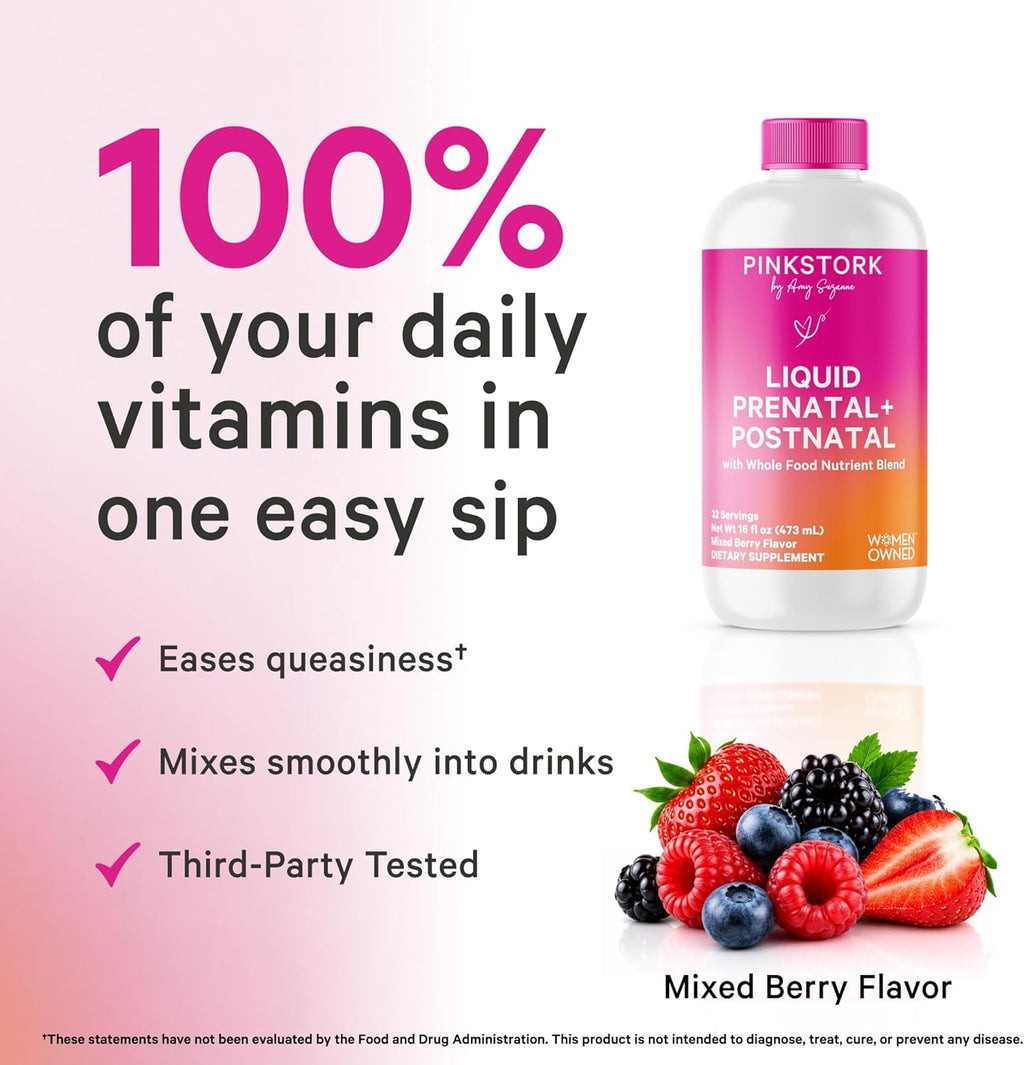 Pink Stork Vitaminas Prenatales Líquidas – Sabor Berry, 32 Porciones