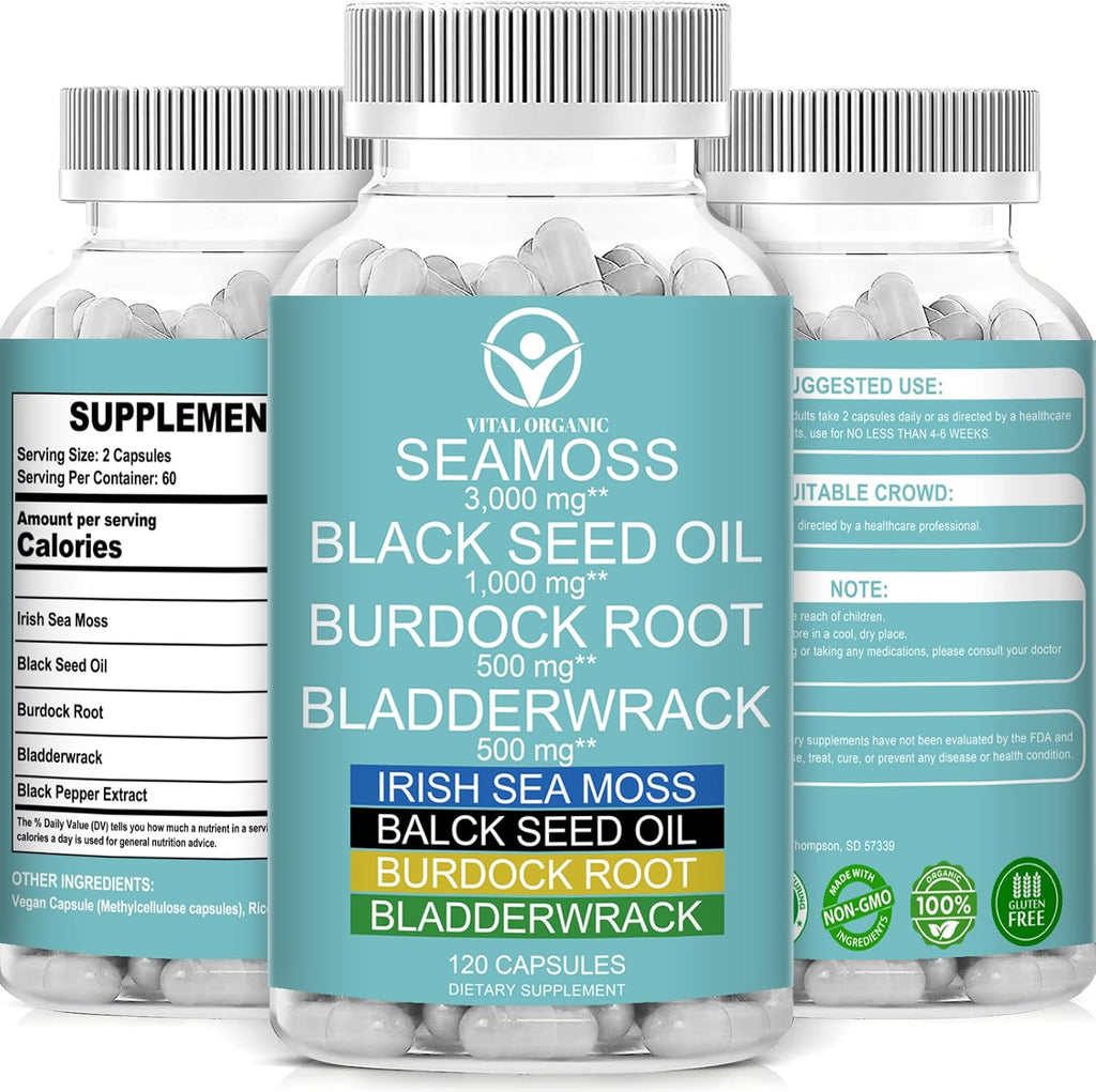 Cápsulas de Musgo Marino Orgánico 3000mg + Aceite de Semilla Negra 1000mg + Raíz de Bardana + Fucus - 120 Cápsulas Veganas