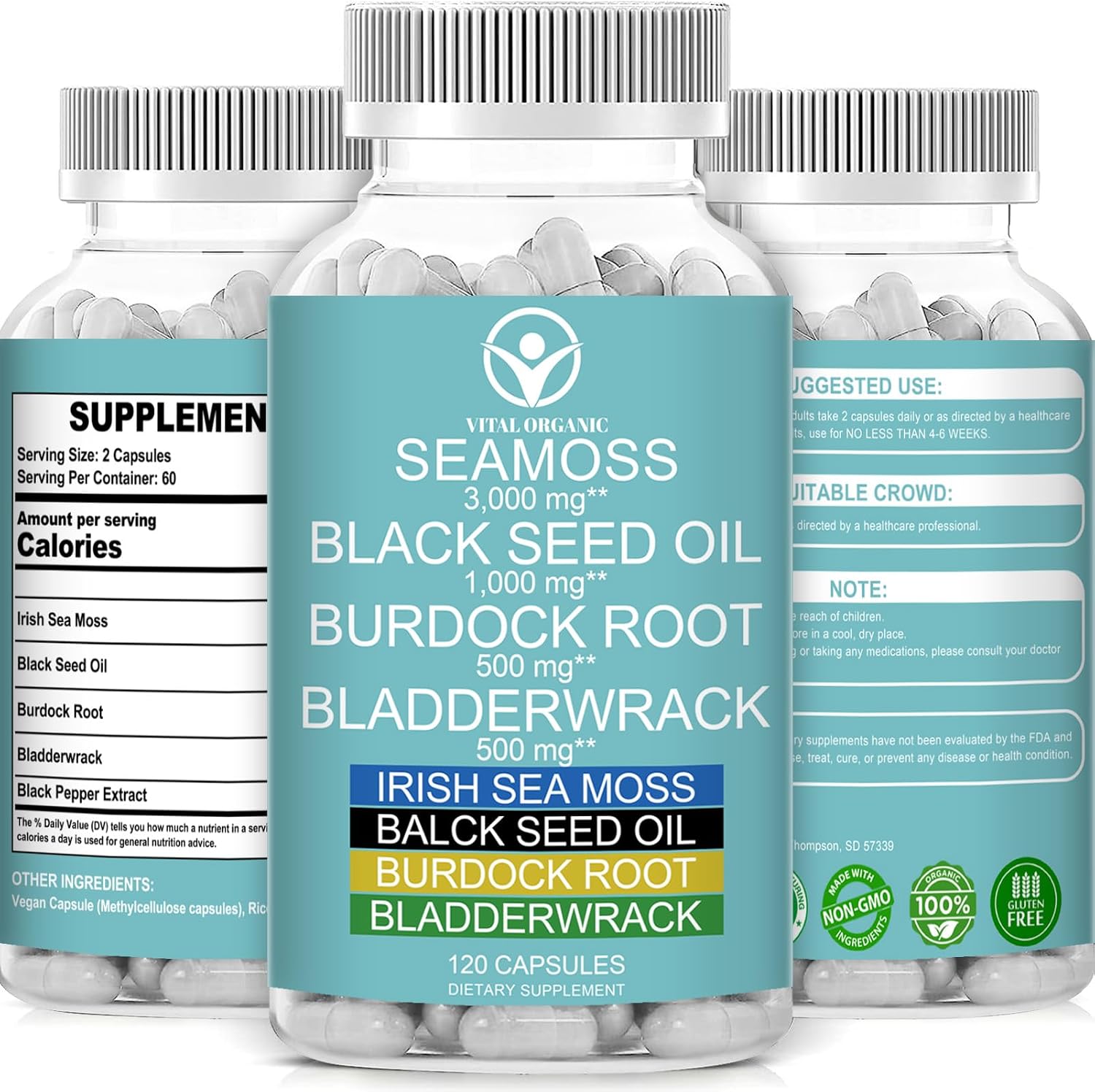 Cápsulas de Musgo Marino Orgánico 3000mg + Aceite de Semilla Negra 1000mg + Raíz de Bardana + Fucus - 120 Cápsulas Veganas
