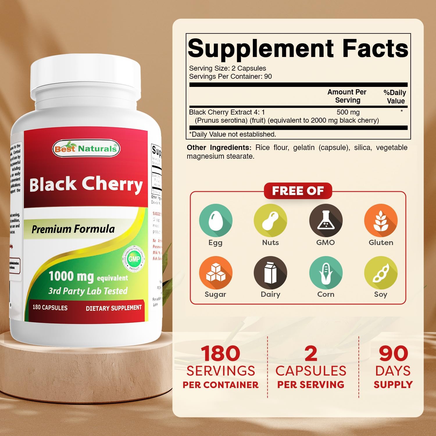 Best Naturals Black Cherry 1000 mg, 180 cápsulas