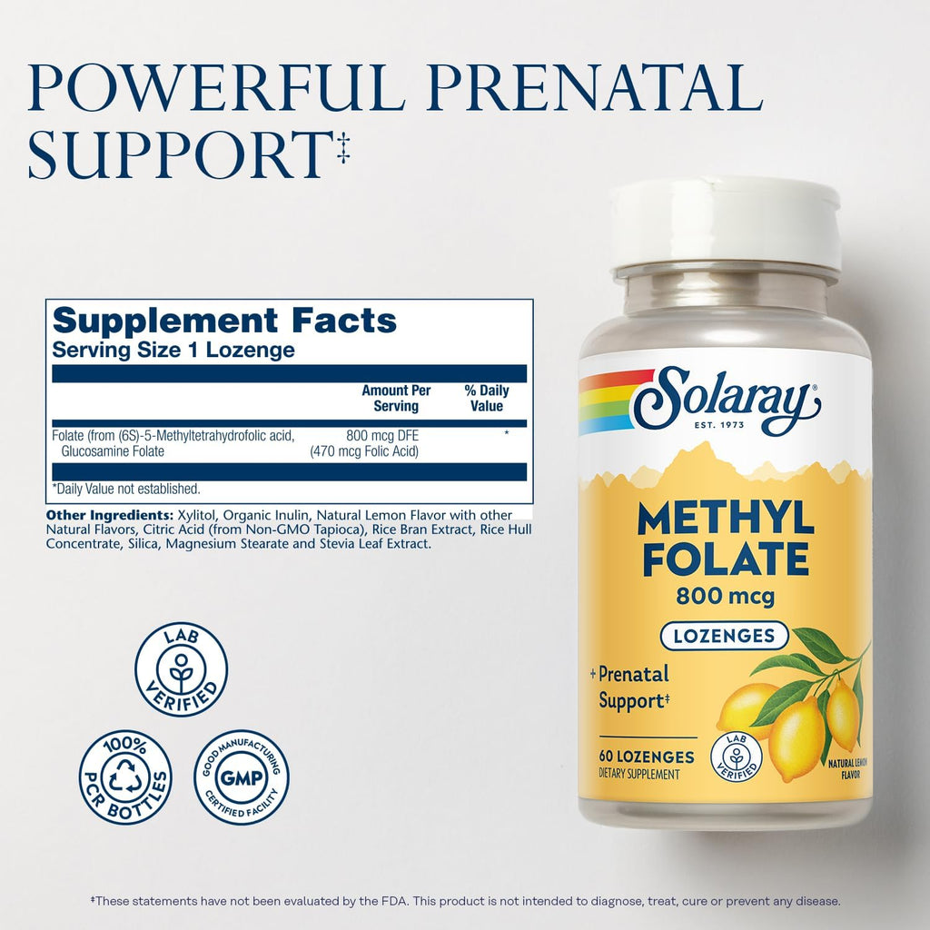 SOLARAY Methyl Folate 800 mcg - 60 Comprimidos - Sabor Limón Natural