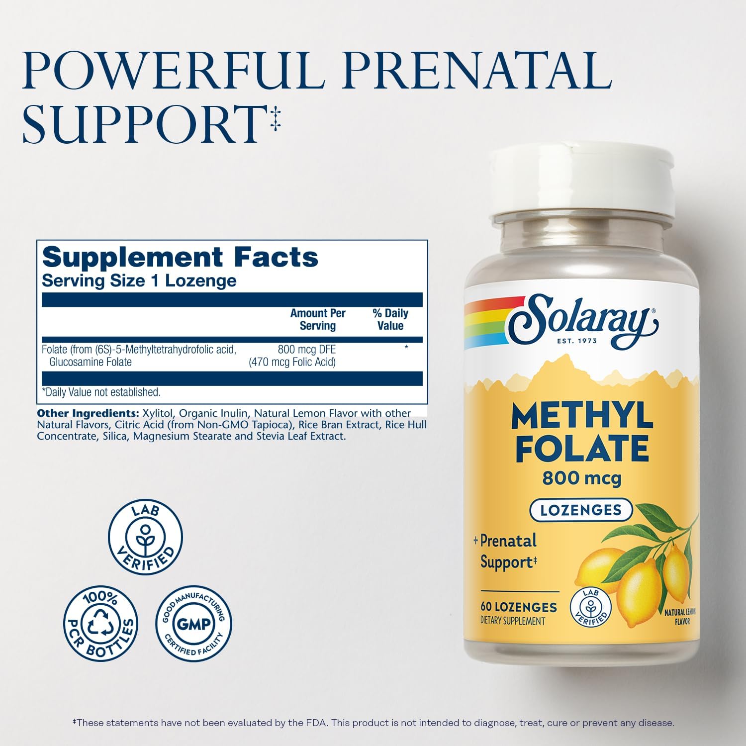 SOLARAY Methyl Folate 800 mcg - 60 Comprimidos - Sabor Limón Natural