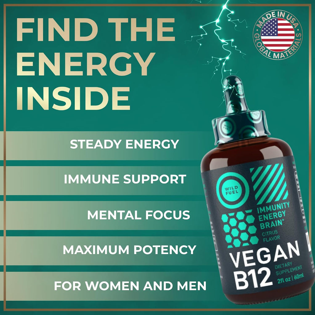WILD FUEL Gotas de Vitamina B12 Líquida Vegana - 5000 mcg Metilcobalamina Sublingual - Apoyo Energético y Cognitivo - Sabor Cítrico Natural - 60 ml