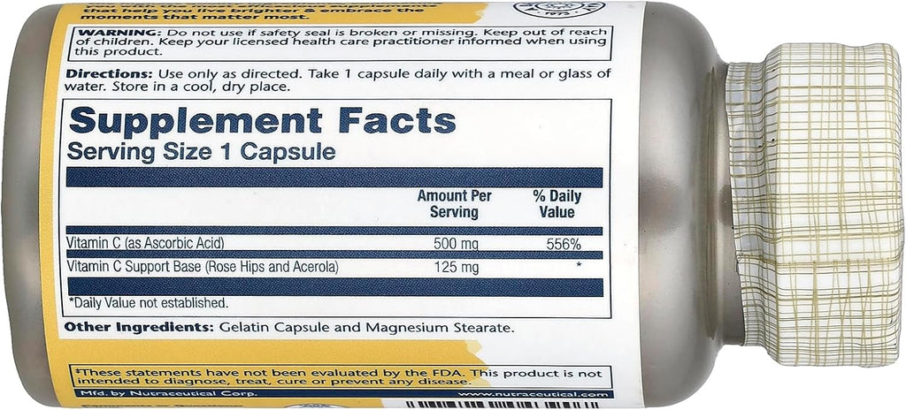Solaray Vitamina C con Escaramujo y Acerola, 500 mg, 100 Cápsulas