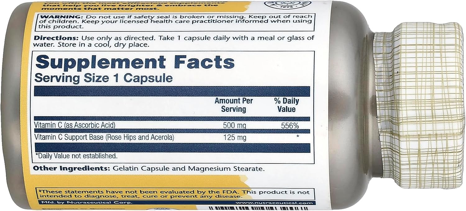 Solaray Vitamina C con Escaramujo y Acerola, 500 mg, 100 Cápsulas