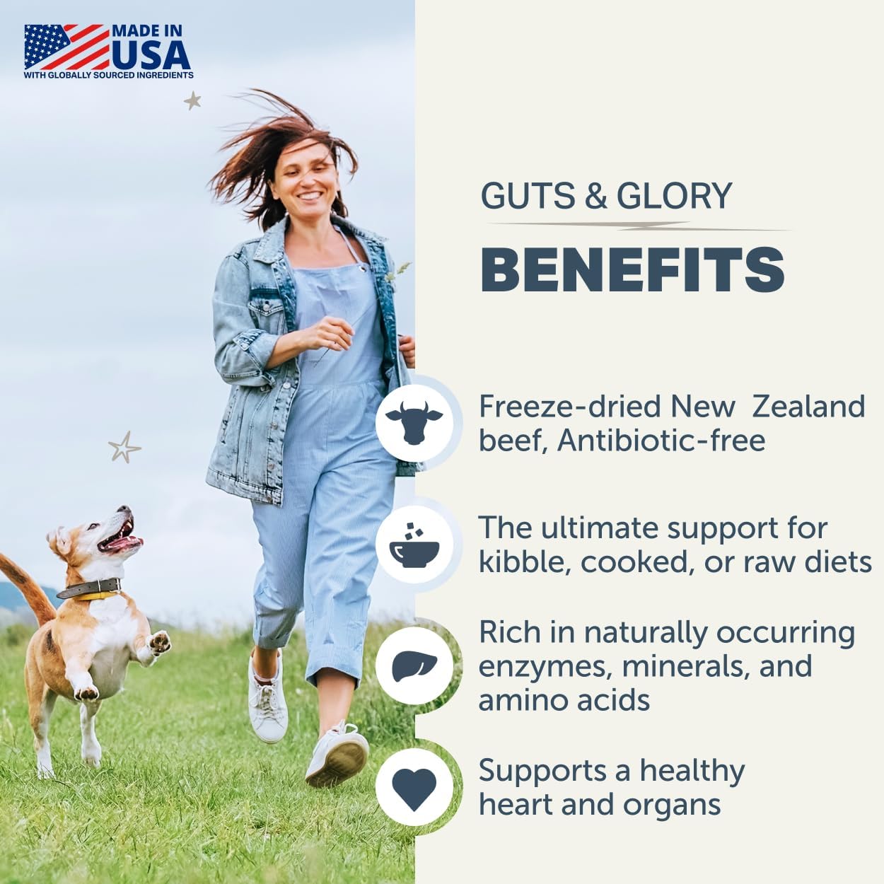 Four Leaf Rover Guts & Glory - Órganos liofilizados para perros - 100% vacuno alimentado con pasto - 30 dosis