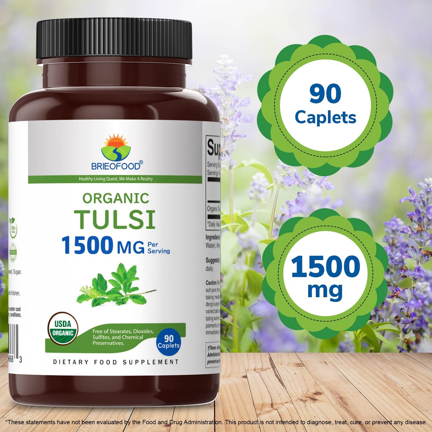 Organic Tulsi (Holy Basil) 1500mg, 90 Vegetarian Tablets