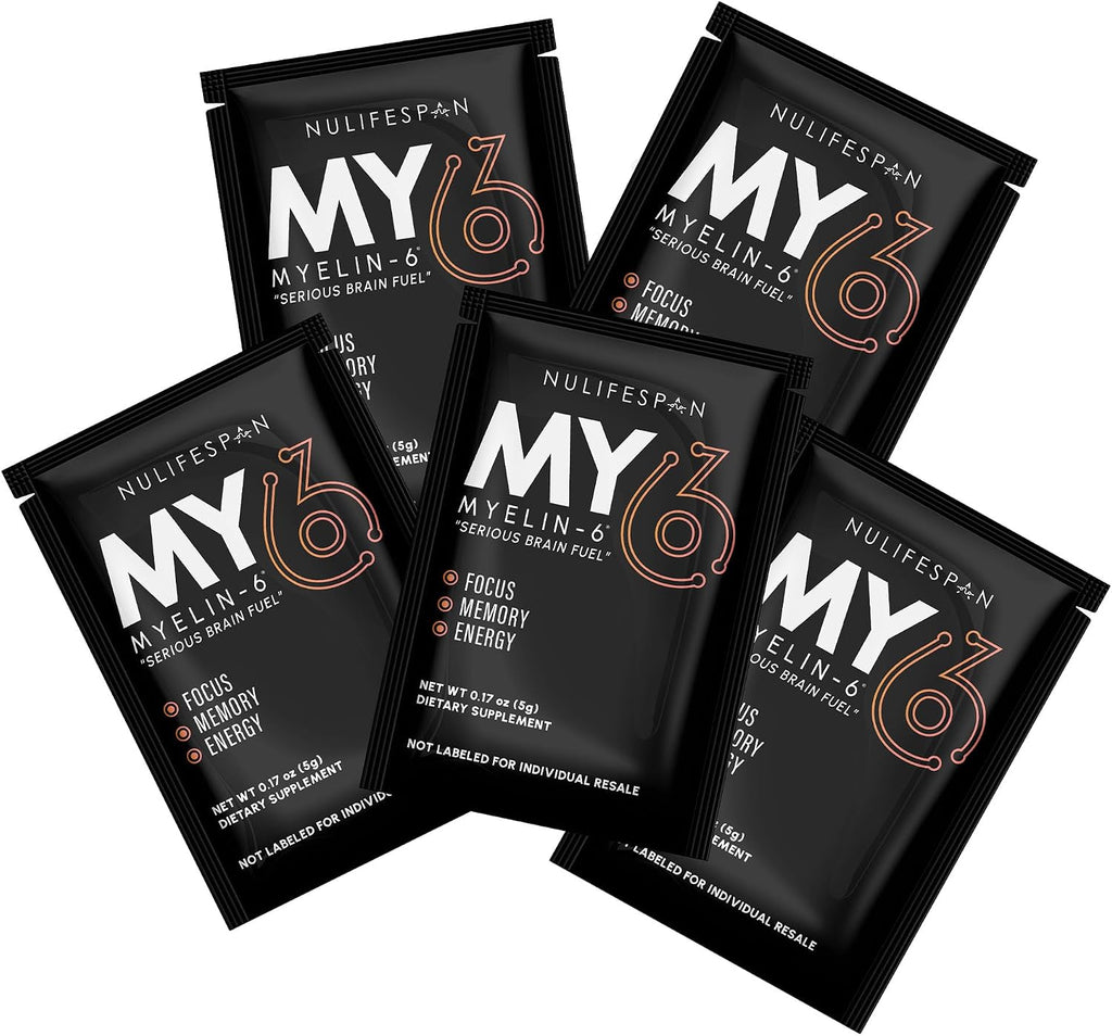 Myelin-6, Pack de Muestras, 5 Sobres Individuales, Suplemento de Concentración y Salud Cerebral con AlphaSize, Sabor Naranja Mandarina, Sin Gluten, No-GMO