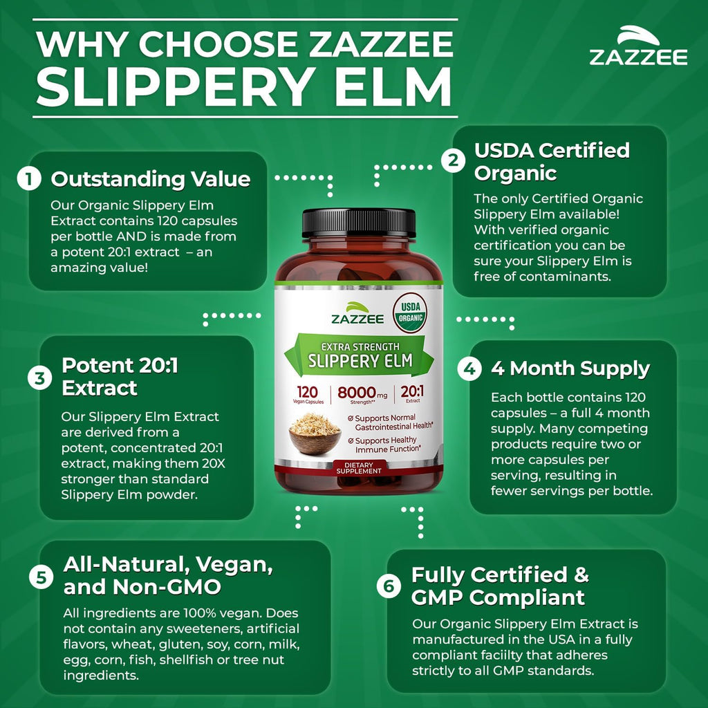 Zazzee Extracto de Corteza de Olmo Americano Orgánico 20:1 - 120 Cápsulas Veganas