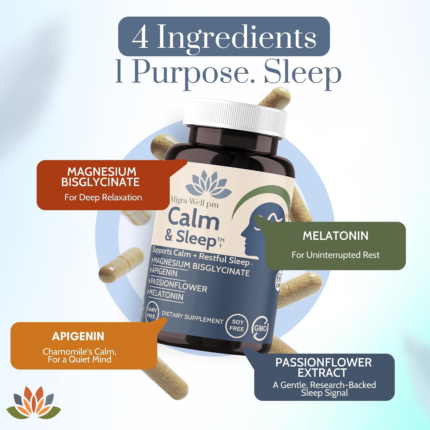 Calm & Sleep: Ayuda para Dormir con Magnesio Bisglicinato, Apigenina y Pasiflora – 60 Cápsulas