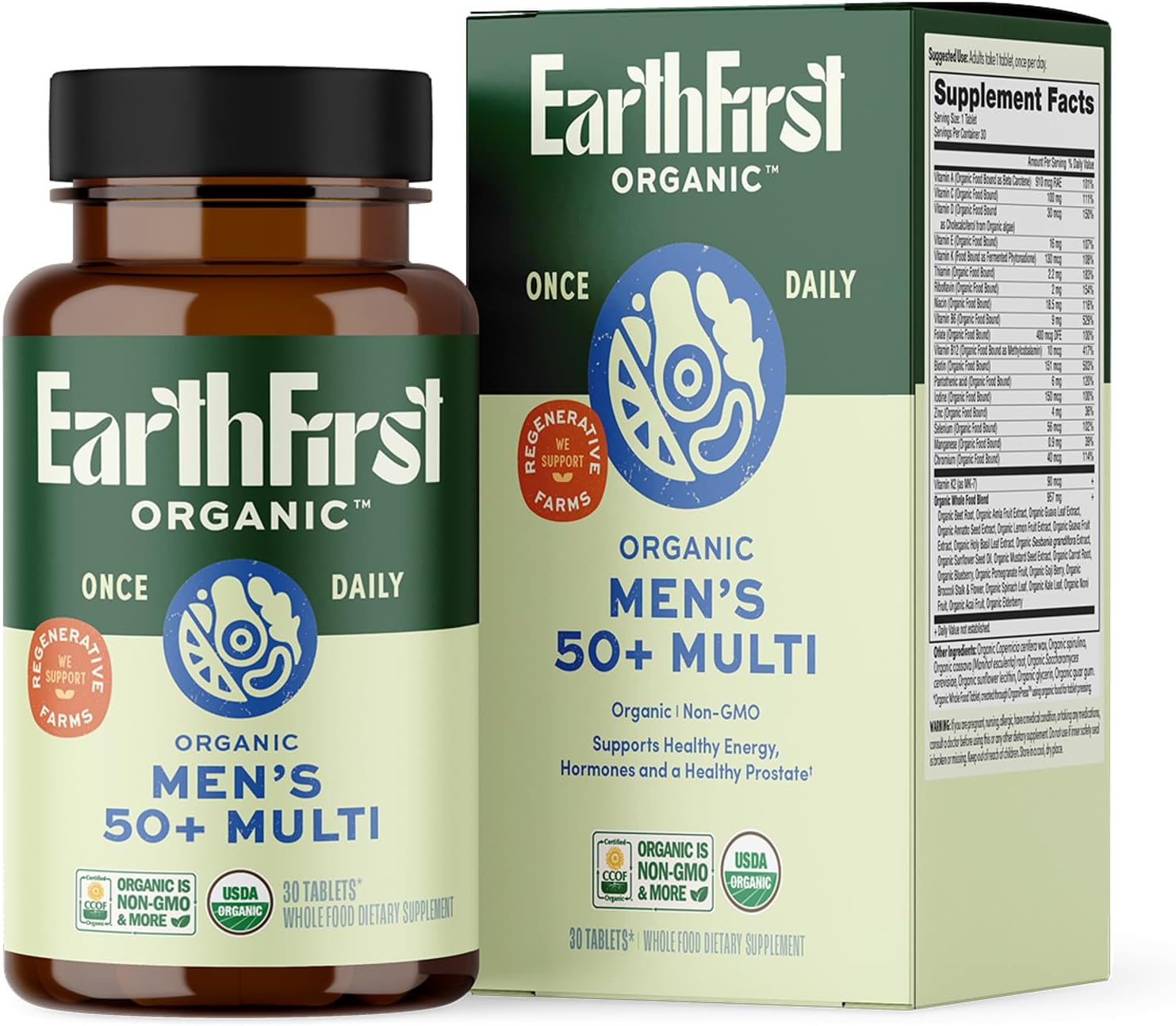 EarthFirst Organic Multivitamínico Diario para Hombres 50+ - 19 Vitaminas de Hierbas y Superalimentos, Apoya la Salud Prostática, Energía y Huesos Fuertes - 60 Comprimidos