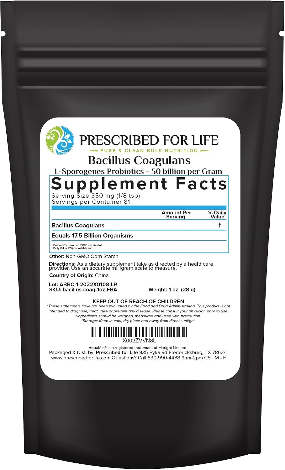 Prescribed For Life Bacillus Coagulans en Polvo - Probiótico de Esporas - 28 g