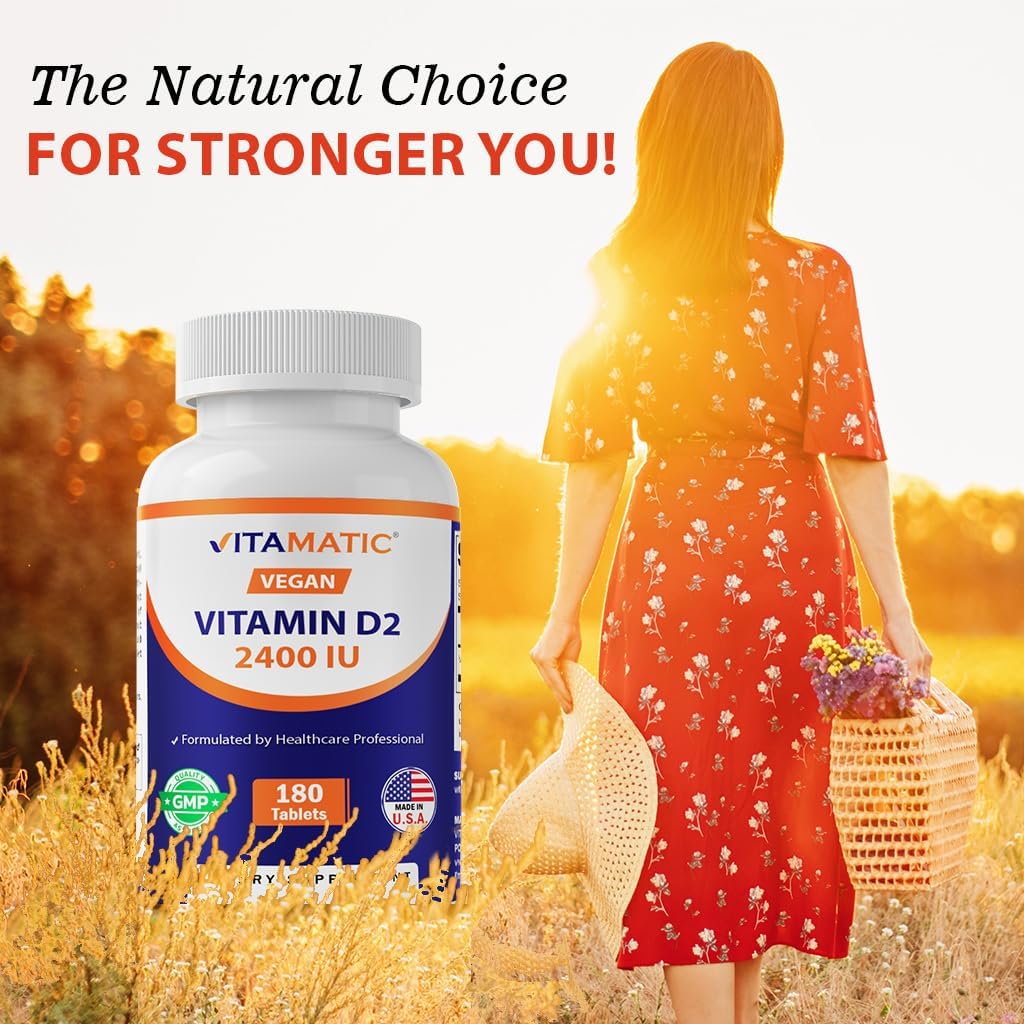 Vitamatic Vitamina D2 60 mcg (2400 UI) - Ergocalciferol - Pack de 3 Botes de 180 Comprimidos Vegetarianos