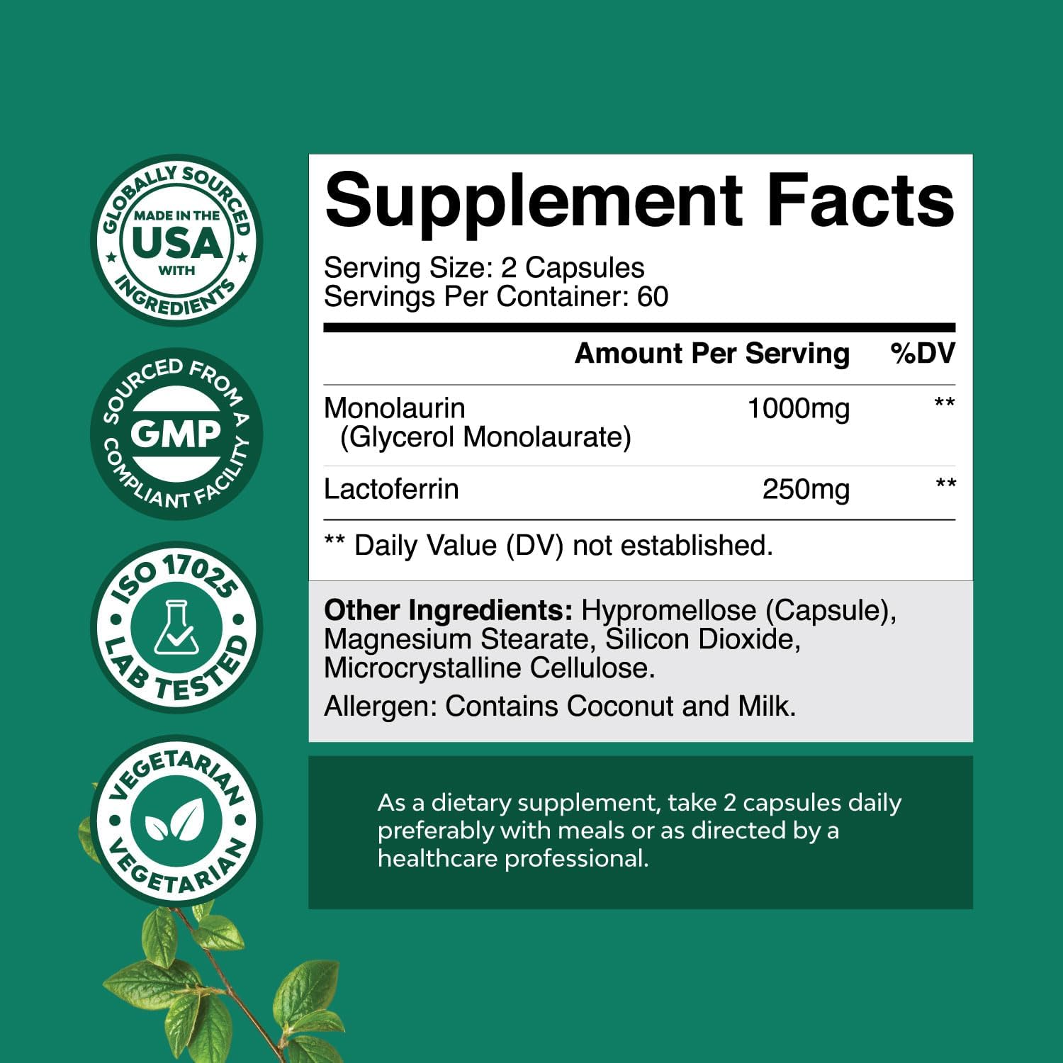 Suplemento de Lactoferrina y Monolaurina de Alta Potencia - 250mg Lactoferrina y 1000mg Monolaurina - 120 Cápsulas Vegetarianas