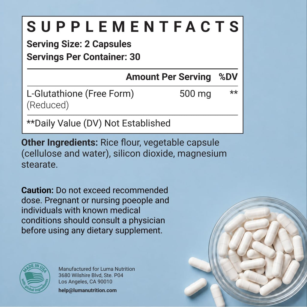 Luma Nutrition Suplemento de Glutatión Premium - 500mg por dosis - L-Glutation Reducido - 60 Cápsulas - 30 Dosis