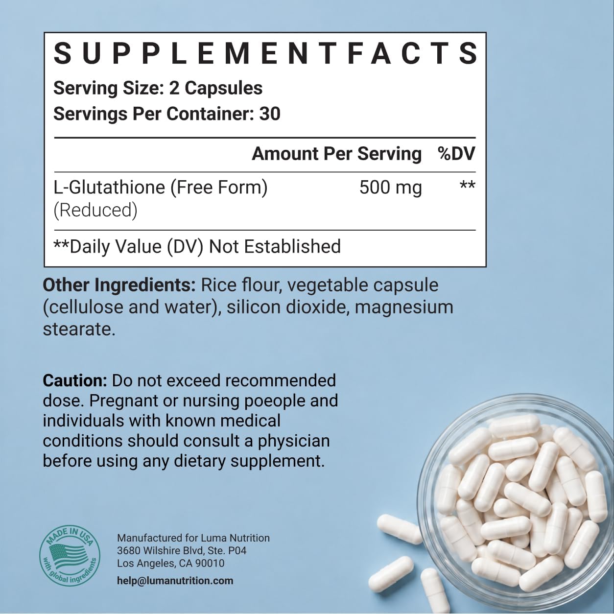 Luma Nutrition Suplemento de Glutatión Premium - 500mg por dosis - L-Glutation Reducido - 60 Cápsulas - 30 Dosis