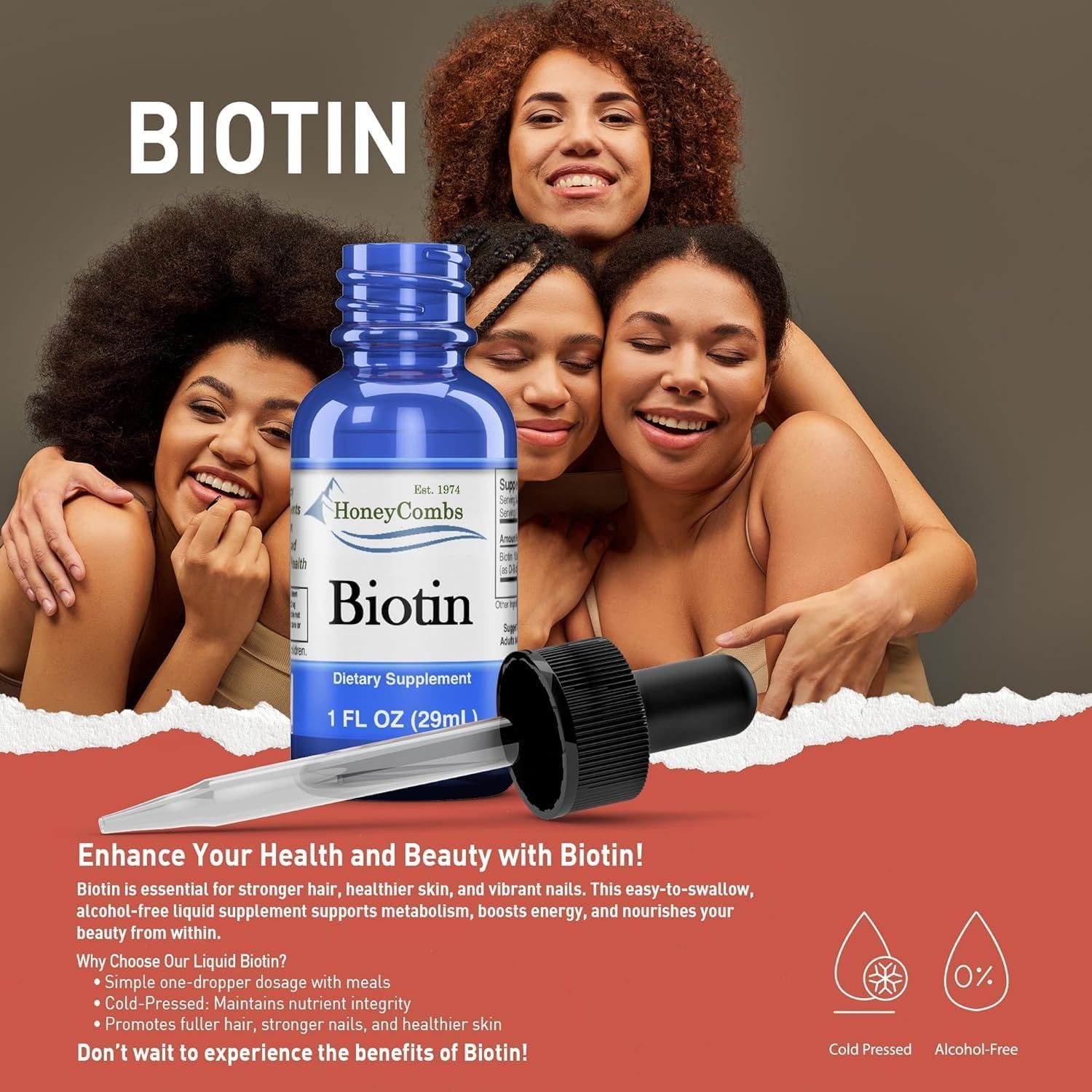 HoneyCombs B7 Drops - Biotina Líquida 500% VD, para Cabello, Piel y Uñas, 36 Dosis