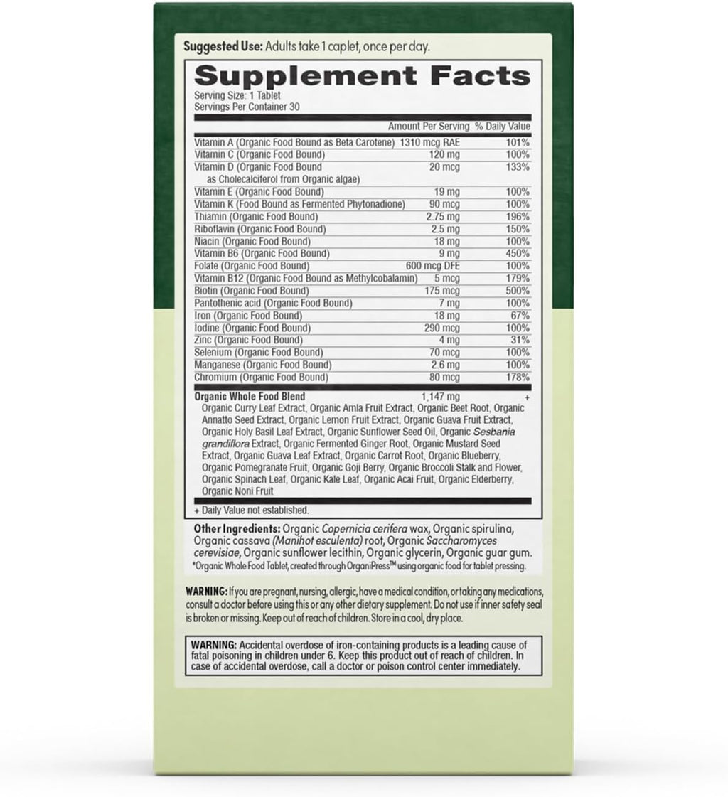 Multivitamínico Prenatal Diario para Mujeres para Concepción, Embarazo, Postparto y Lactancia, con Folato, Hierro y Mezcla de Alimentos Integrales Orgánicos, Vegano, 30 Comprimidos