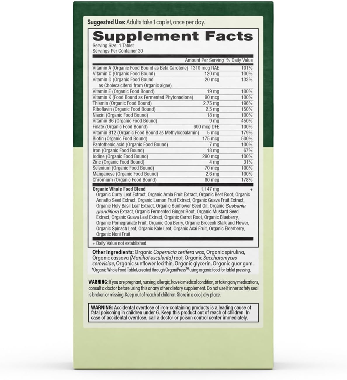 Multivitamínico Prenatal Diario para Mujeres para Concepción, Embarazo, Postparto y Lactancia, con Folato, Hierro y Mezcla de Alimentos Integrales Orgánicos, Vegano, 30 Comprimidos
