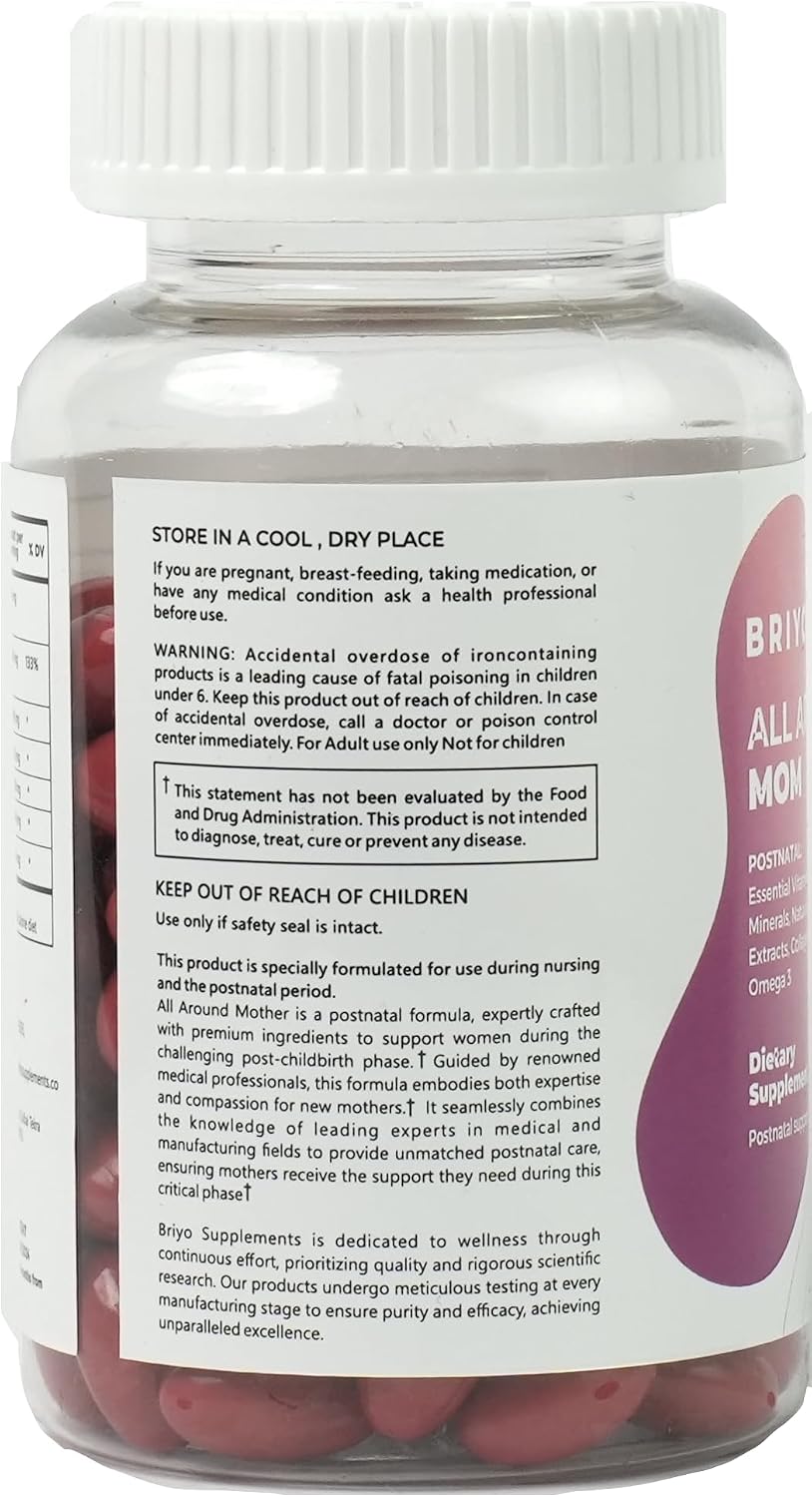 Briyo All Around Mom - Fórmula Postnatal Completa con Omega 3, Colágeno, Colina, Shatavari, Moringa, Vitaminas y Minerales - Apoya Recuperación, Energía, Lactancia y Ánimo - 60 Cápsulas Blandas