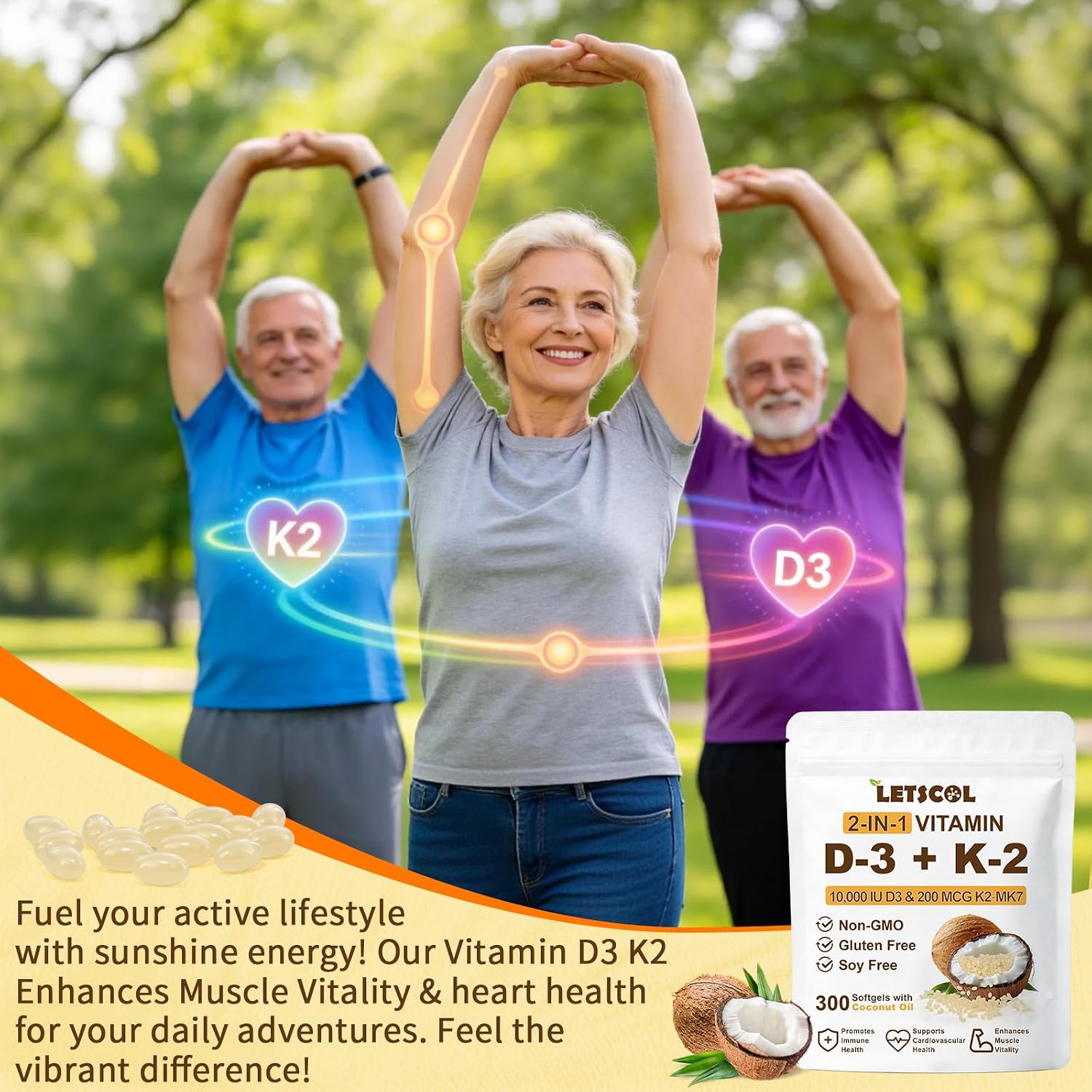 LETSCOL Vitamina D3 10000 UI + K2 200 mcg (MK-7) - Complemento 2 en 1 en Cápsulas Blandas