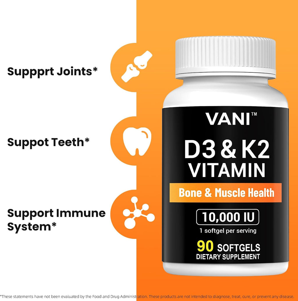 VANI Vitamins D3 + K2 (MK-7) 10000 UI 200 mcg, 90 Cápsulas Blandas