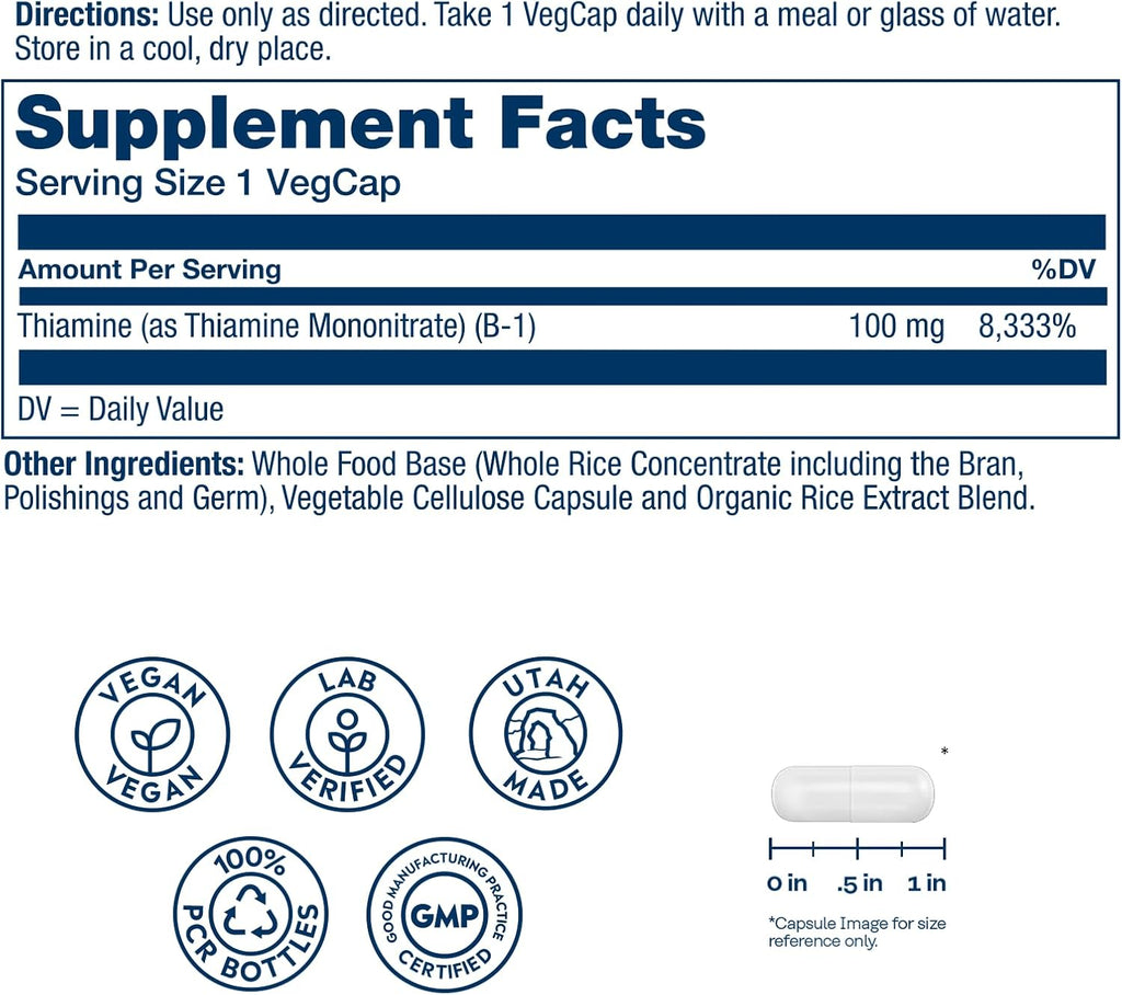 SOLARAY Vitamina B-1 (Tiamina) 100 mg - 100 Cápsulas Veganas