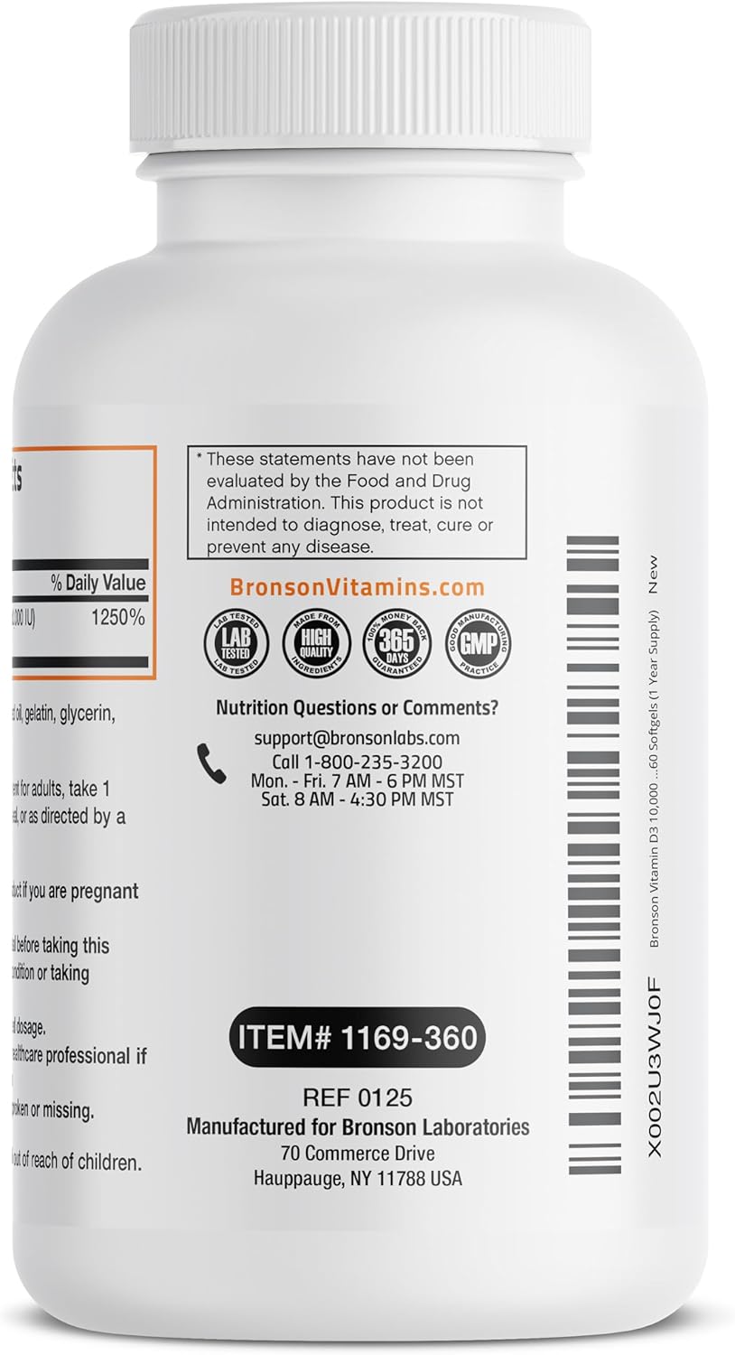Bronson Vitamina D3 10.000 UI (250 mcg) Alta Potencia - 360 Cápsulas Blandas