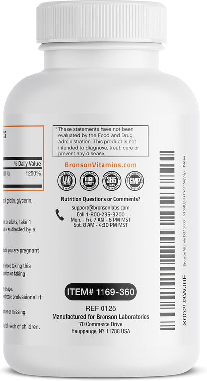 Bronson Vitamina D3 10.000 UI (250 mcg) Alta – Forma: Priorice la D3 (colecalciferol) sobre la D2 por su mayor – Image 6